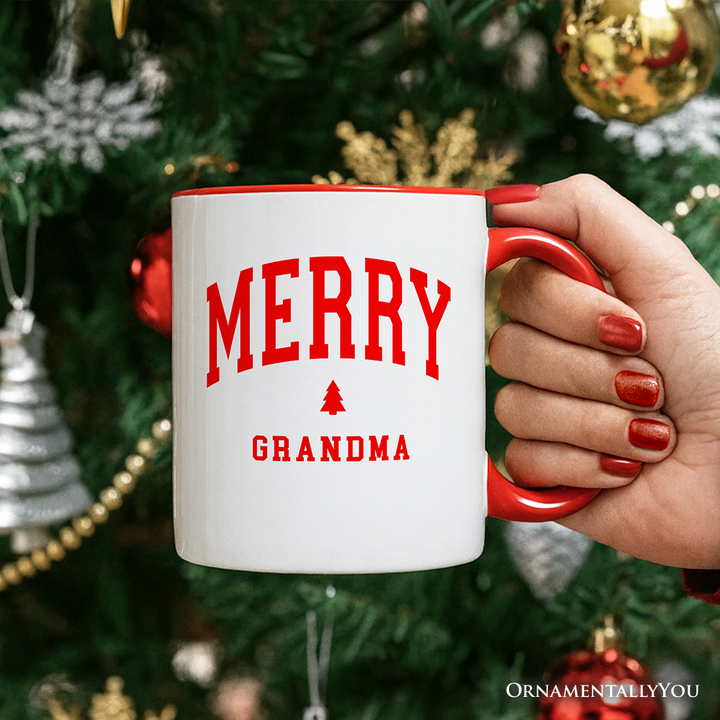 Merry Grandma Retro Christmas Personalized Mug, Matching Family Holiday Gift with Custom Name
