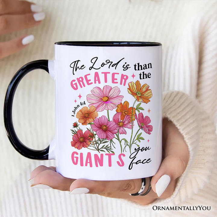 The Lord Is Greater Floral Christian Personalized Mug, Faith Bible Verse Inspirational Gift with Custom Name