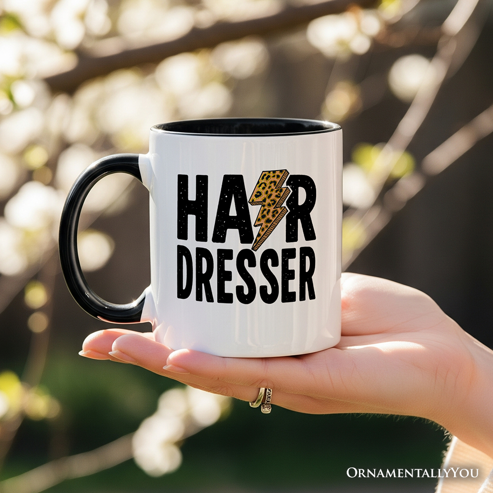 Hairdresser Leopard Lightning Pesonalized Mug, Retro Stylist Gift with Custom Name