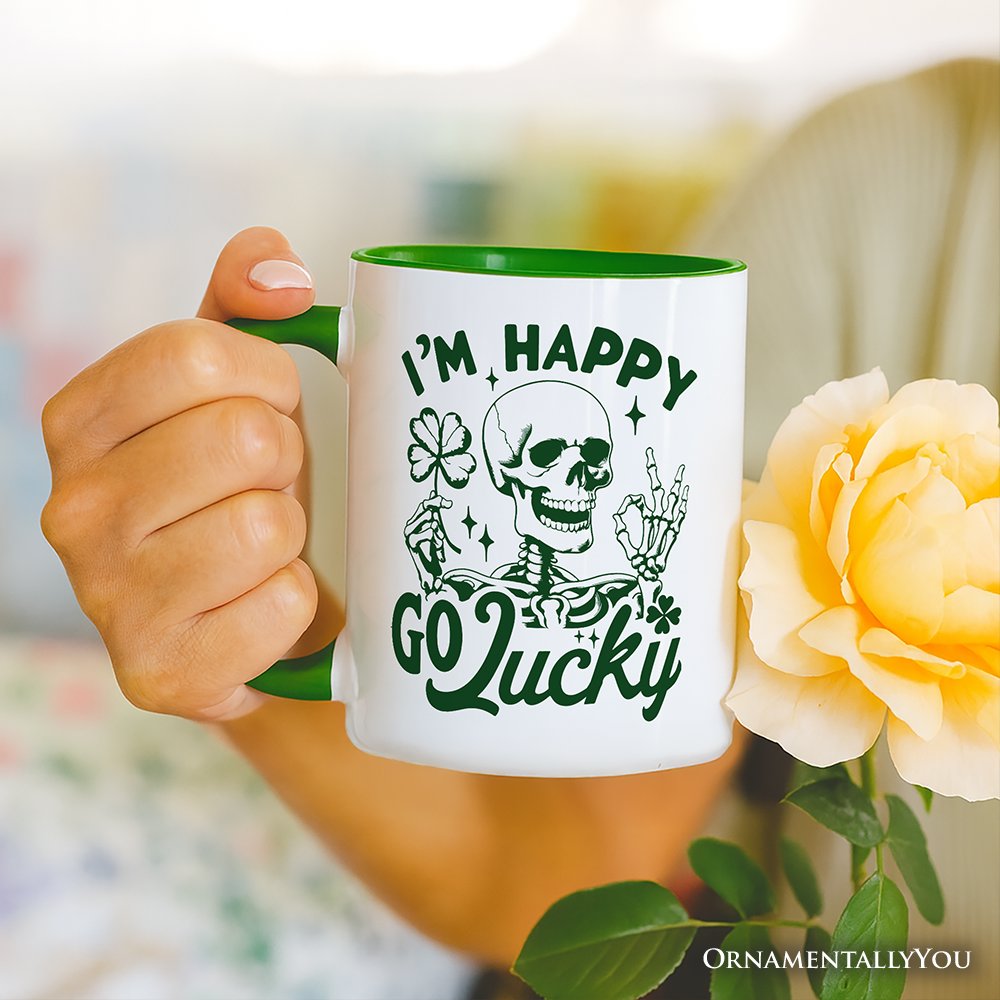 Happy Go Lucky Clover Skeleton St Patrick’s Day Personalized Mug, Green Shamrock Vintage Gift with Custom Name Personalized Ceramic Mug OrnamentallyYou 