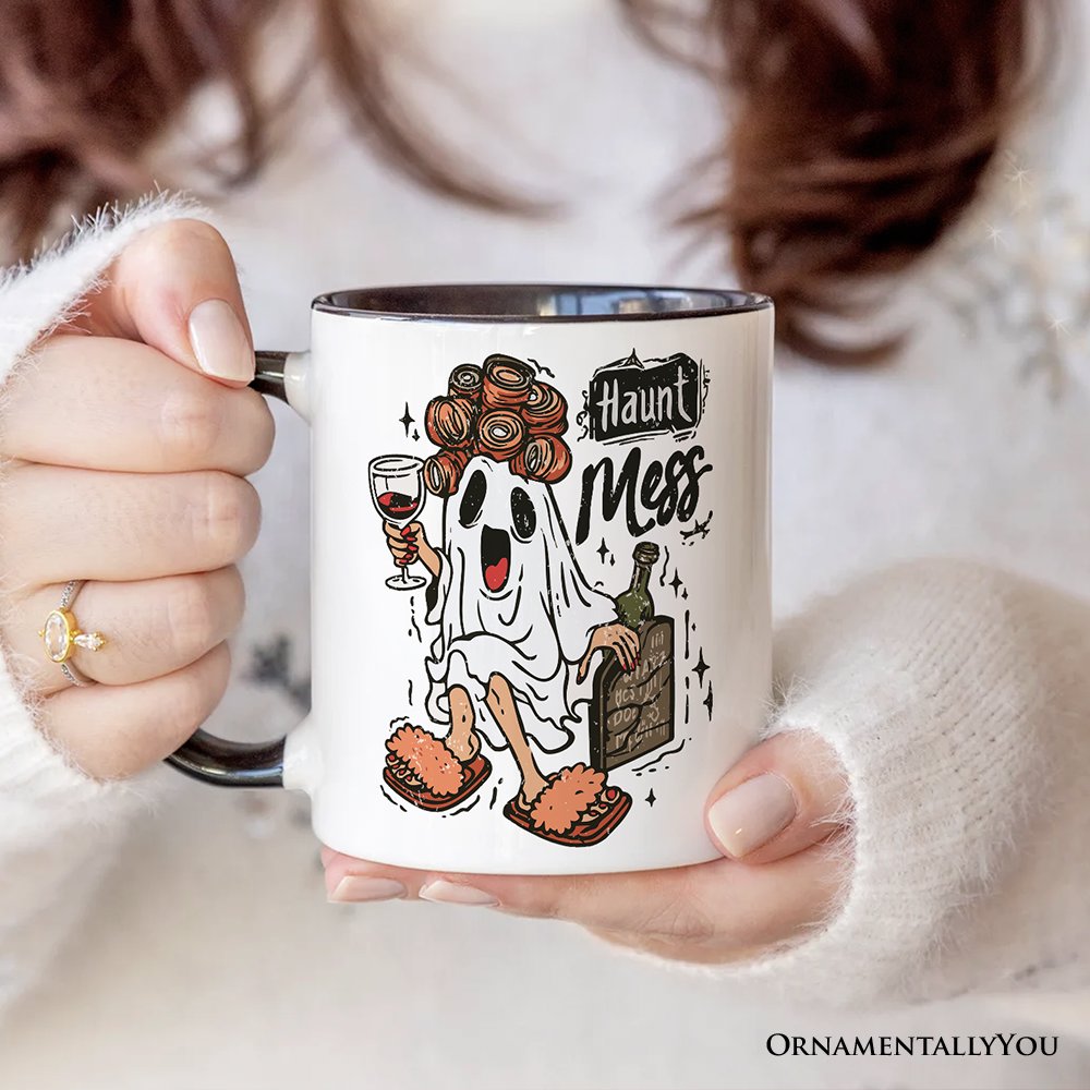 Haunt Mess Wine-Loving Ghost Personalized Mug, Funny Halloween Gift with Spooky Ghost and Custom Name Personalized Ceramic Mug OrnamentallyYou 