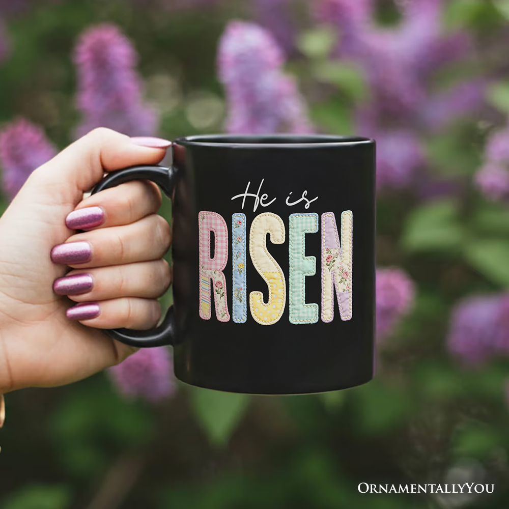 He Is Risen Printed Faux Embroidered Christian Mug, Cute Religious Flowers Gift