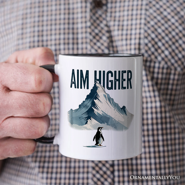 Aim Higher Penguin Personalized Mug, Vintage Mountain Motivational Quote Gift with Custom Name