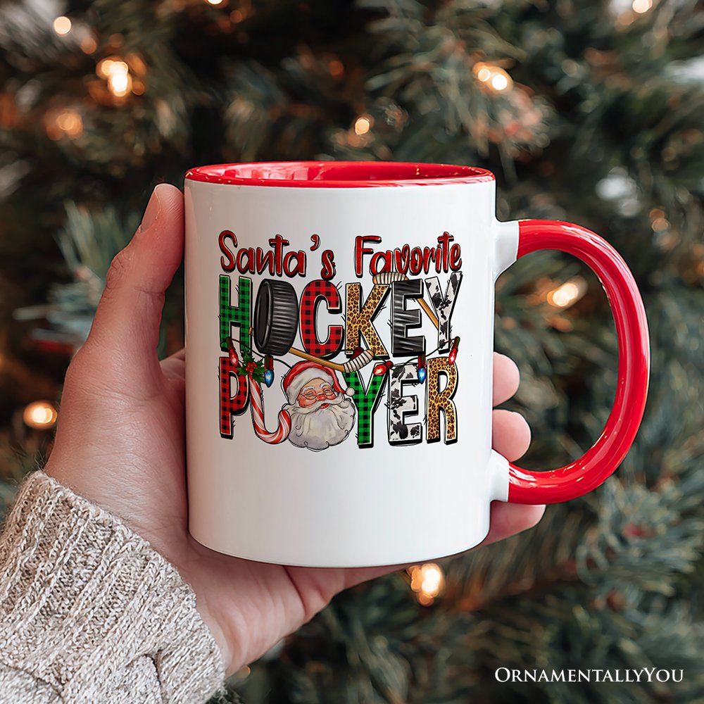 Santa’s Favorite Hockey Player Personalized Mug, Plaid Christmas Athelete Gift with Custom Name Personalized Ceramic Mug OrnamentallyYou 