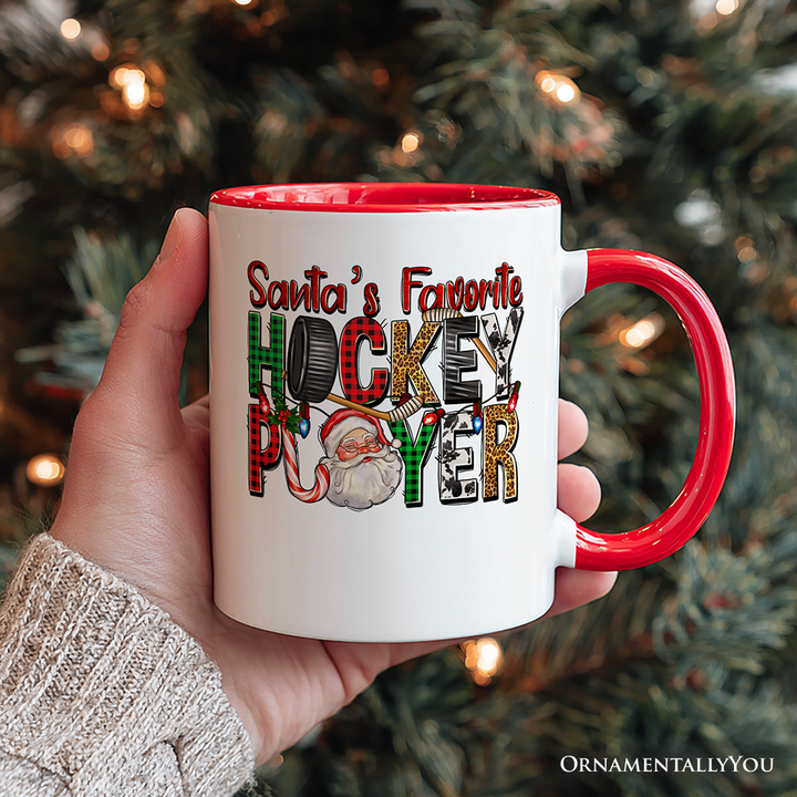 Santa’s Favorite Hockey Player Personalized Mug, Plaid Christmas Athelete Gift with Custom Name