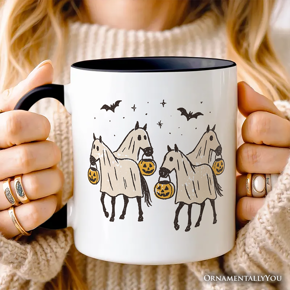 Retro Halloween Horse Ghosts Personalized Mug, Cute Western Gift with Spooky Vibes and Custom Name