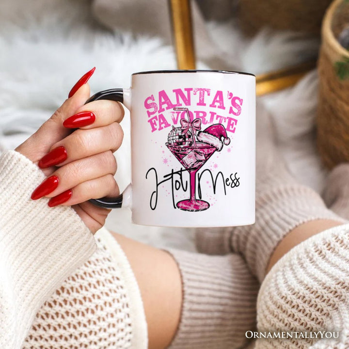 Santa’s Favorite Hot Mess Personalized Mug, Pink Martini Retro Disco Christmas Gift with Custom Name Personalized Ceramic Mug OrnamentallyYou 