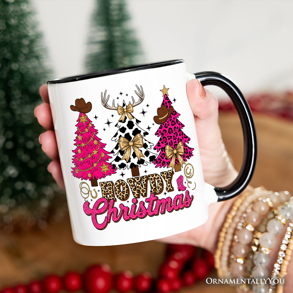 Howdy Pink Christmas Western Christmas Personalized Mug, Leopard Print Retro Holiday Gift with Custom Name