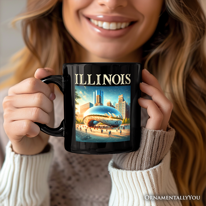 Modern Illinois State Cloud Gate Personalized Mug, Iconic Chicago Bean Gift and Urban Landmark Souvenir with Custom Name