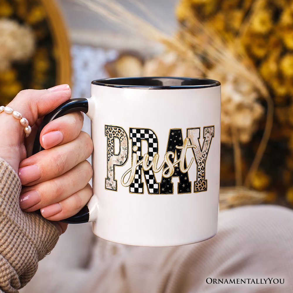 Just Pray Christian Varsity Mug, Retro Leopard Checkered Faith Gift Personalized Ceramic Mug OrnamentallyYou 