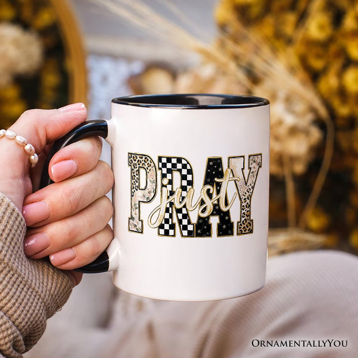 Just Pray Christian Varsity Mug, Retro Leopard Checkered Faith Gift Personalized Ceramic Mug OrnamentallyYou 