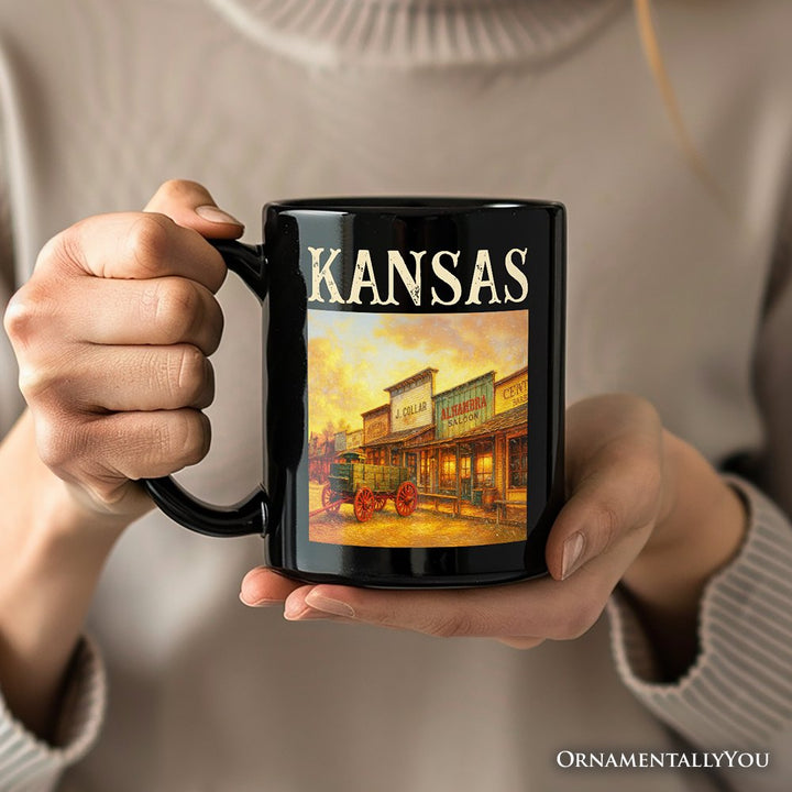 Vintage Kansas State Dodge City Boot Hill Street Scene Personalized Mug, Wild West Gift and Frontier Souvenir with Custom Name Personalized Ceramic Mug OrnamentallyYou 