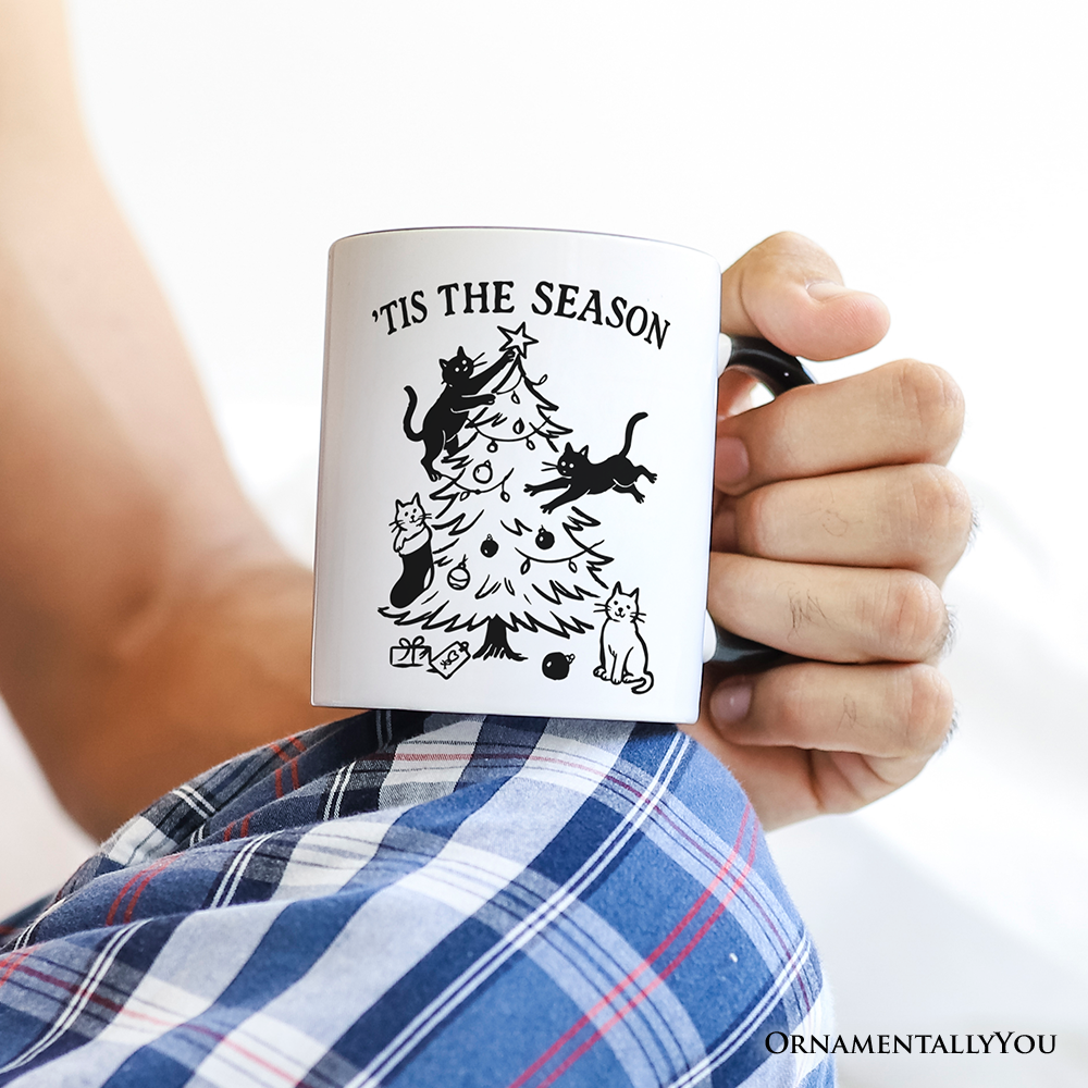 Christmas Tree Killer Cats Personalized Mug, Tis the Season Funny Holiday Gift with Custom Name