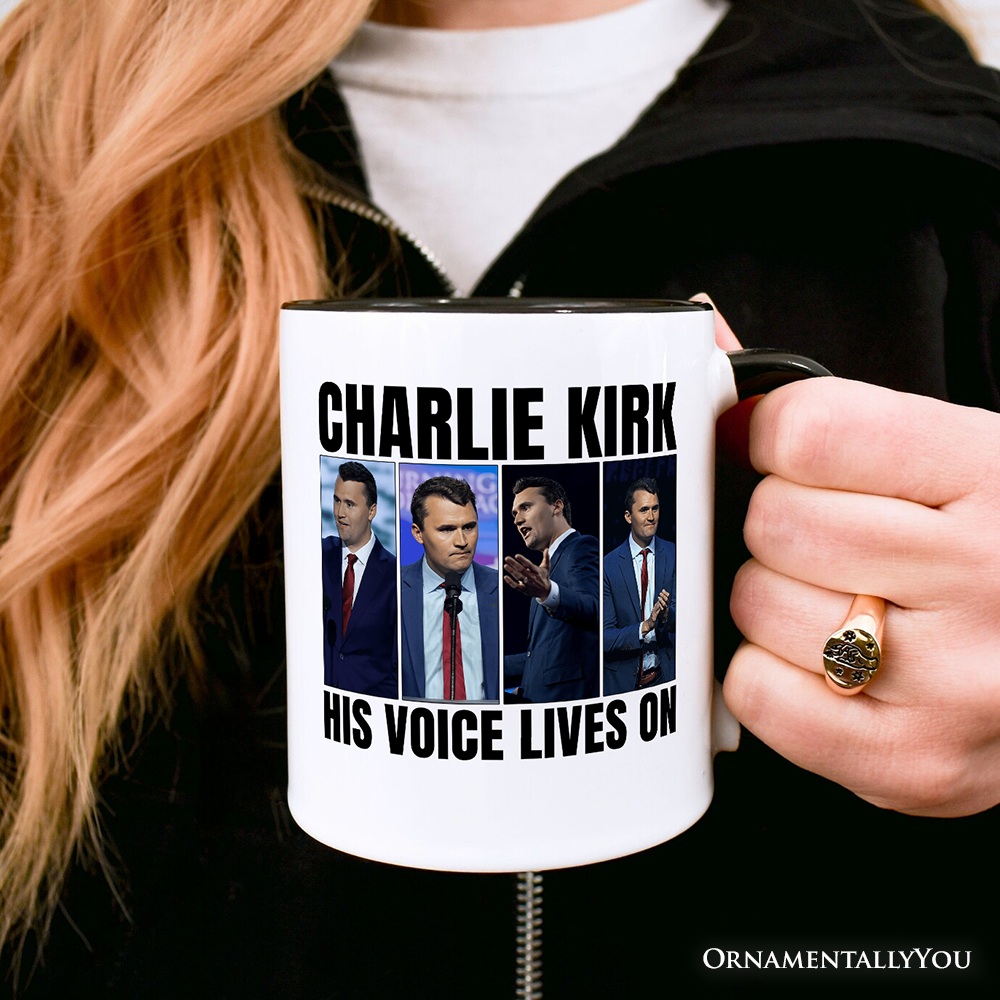 His Voice Lives On Charlie Kirk Graphic Mug, Women or Men Patriotic Republican Gift