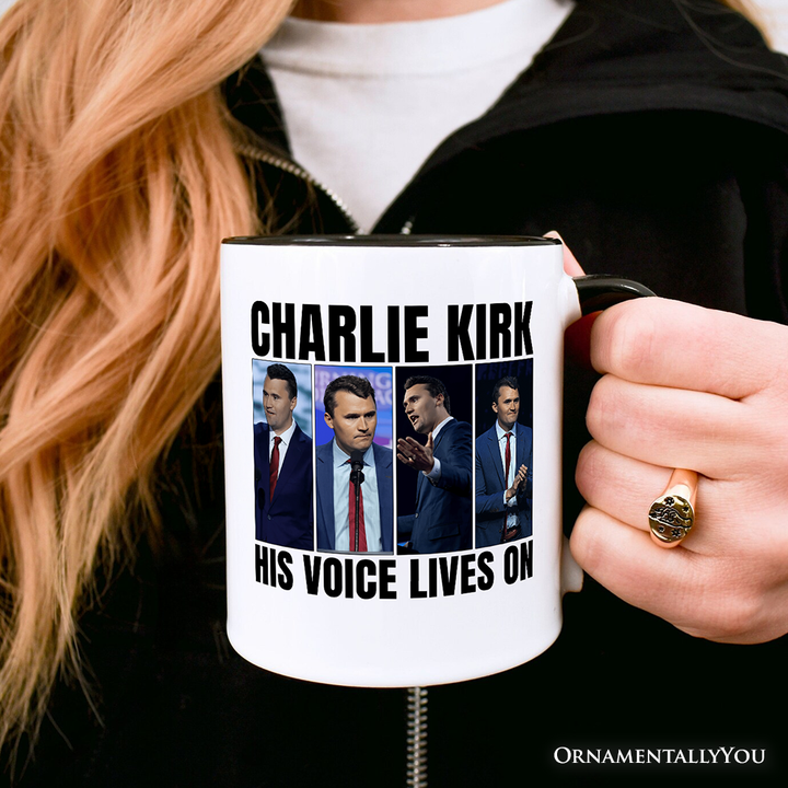 His Voice Lives On Charlie Kirk Graphic Mug, Women or Men Patriotic Republican Gift