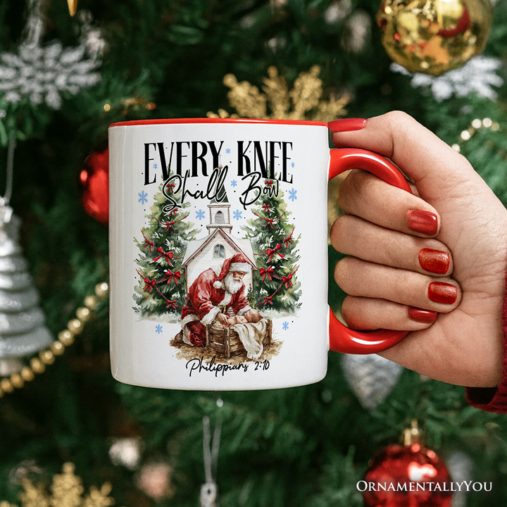 Every Knee Shall Bow Nativity Santa Personalized Mug, Jesus Philippians 2:10 Christian Christmas Gift with Custom Name