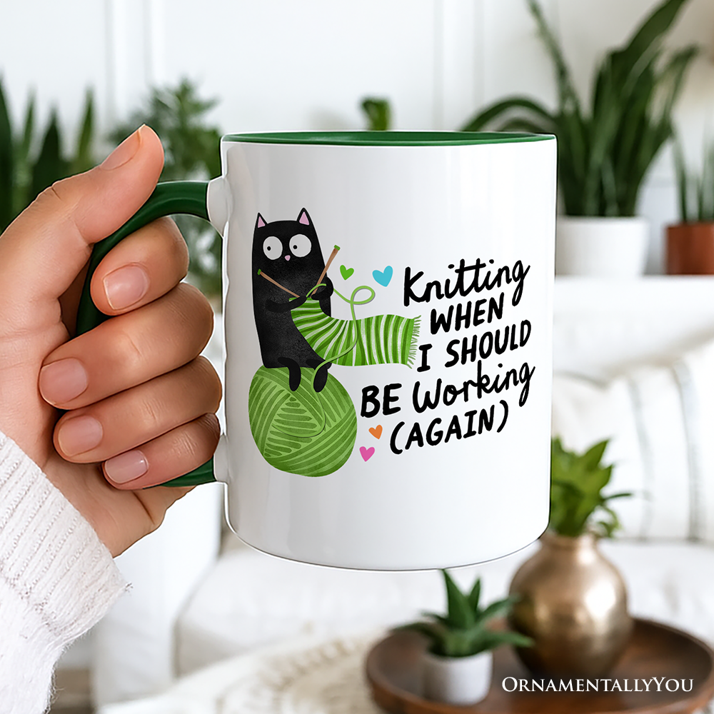 Knitting Black Cat Cute Personalized Mug, Funny Working Crafter Animal Gift with Custom Name