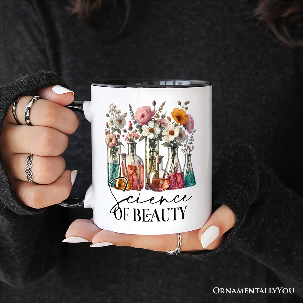 Floral Science Lab Beakers Personalized Mug, Flowers Chemistry Scientist Gift with Custom Name