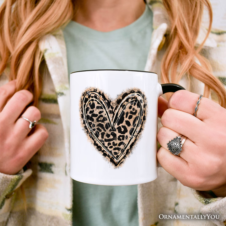 Leopard Heart Valentine Personalized Mug, Watercolor Love Gift with Custom Name