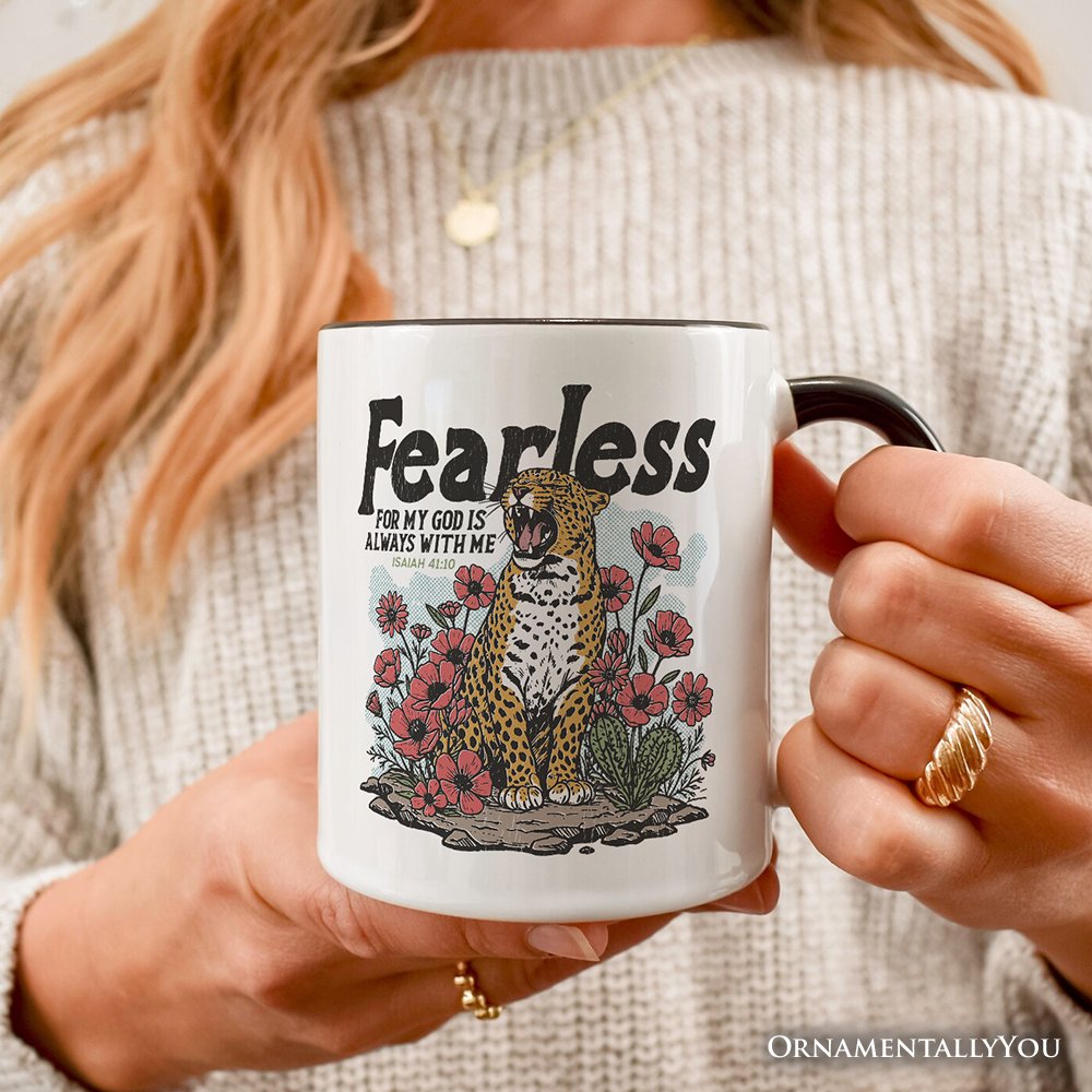 Vintage Floral Leopard Christian Personalized Mug, Fearless For My God Is Always With Me Isaiah 41:10 Gift with Custom Name Personalized Ceramic Mug OrnamentallyYou 