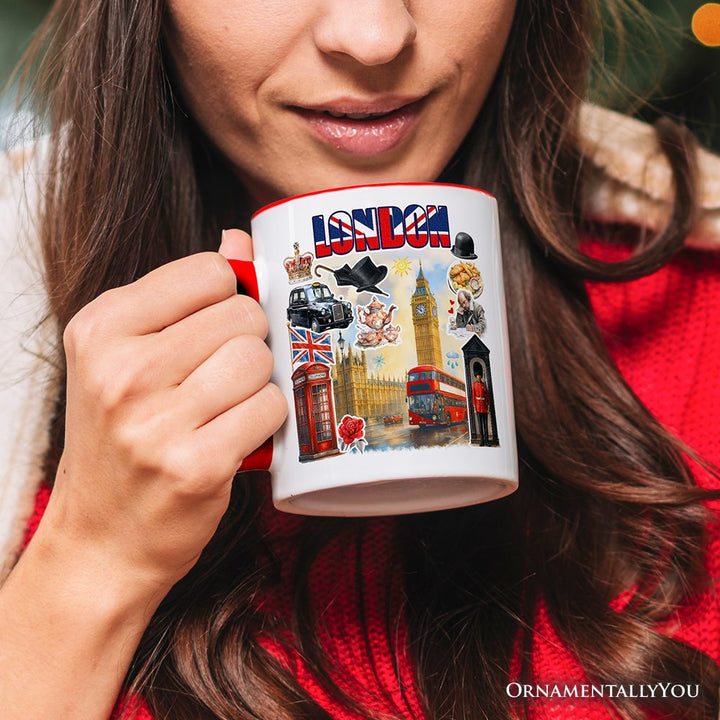Classic London Artwork City Full of Landmarks Personalized Mug, Vintage Gift and Souvenir of England with Custom Name Personalized Ceramic Mug OrnamentallyYou 