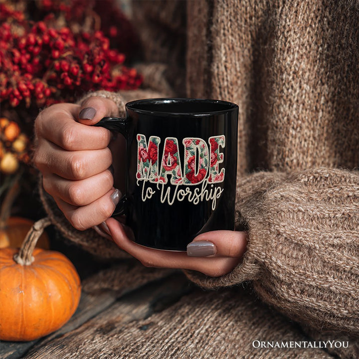 Made to Worship Printed Faux Yarn Crochet Christian Personalized Mug, Floral Retro Faith Gift with Custom Name Personalized Ceramic Mug OrnamentallyYou 