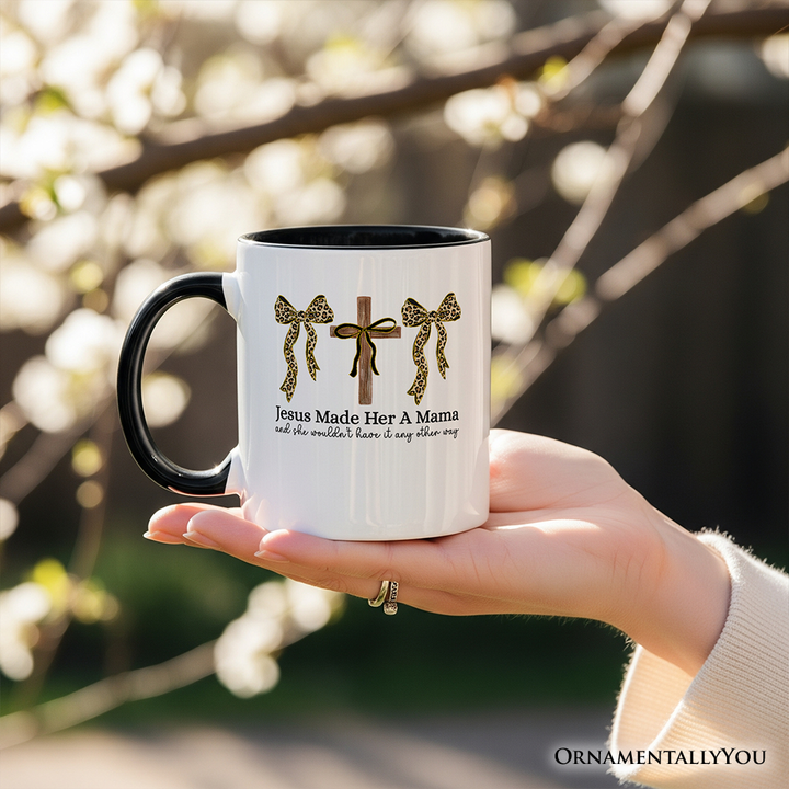 Jesus Made Her A Mama Personalized Mug, Coquette Christian Leopard Bows Faith Gift with Custom Name