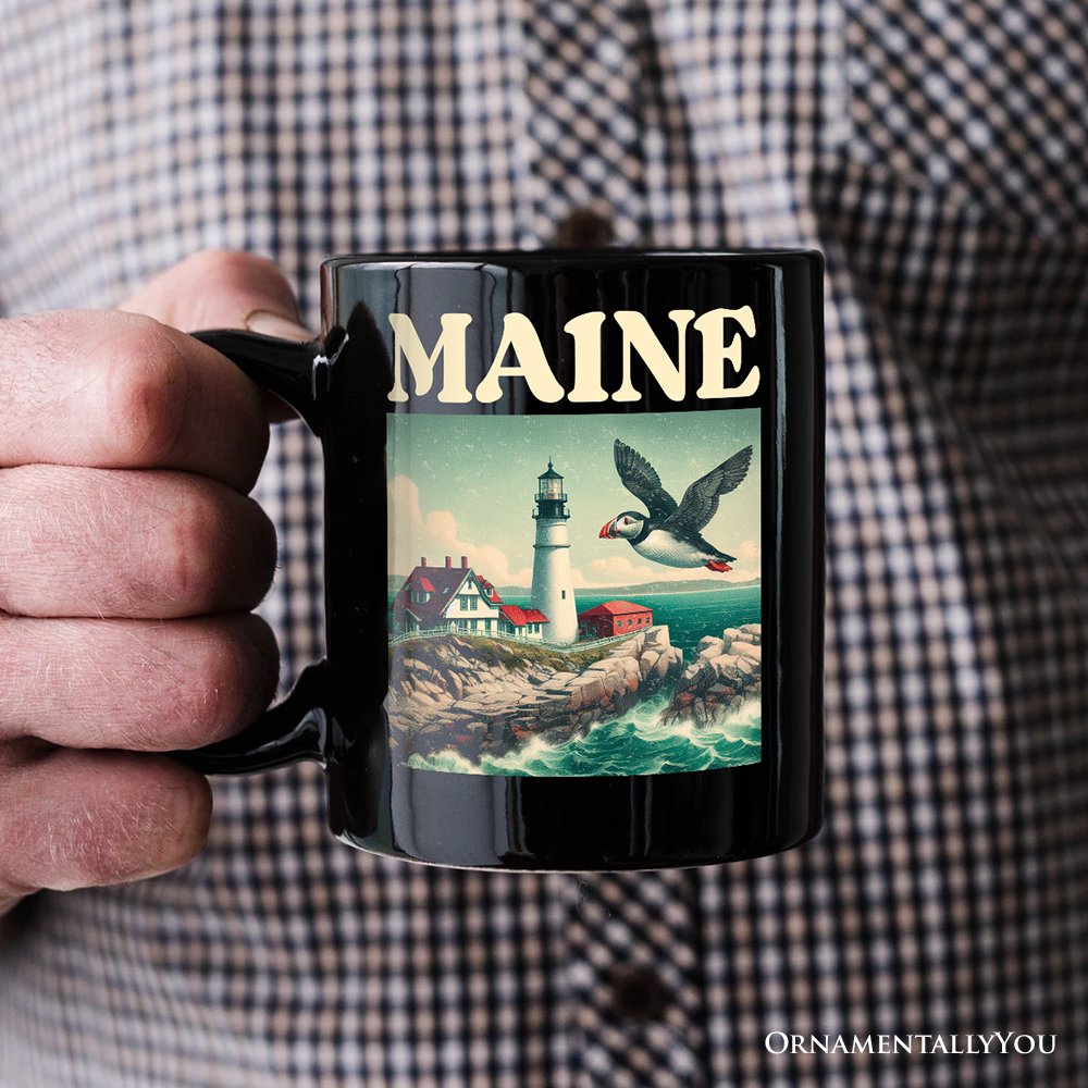 Vintage Maine State Lighthouse and Puffin Personalized Mug, New England Coastal Gift and Seaside Souvenir with Custom Name Personalized Ceramic Mug OrnamentallyYou 