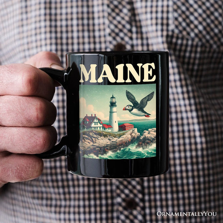 Vintage Maine State Lighthouse and Puffin Personalized Mug, New England Coastal Gift and Seaside Souvenir with Custom Name Personalized Ceramic Mug OrnamentallyYou 
