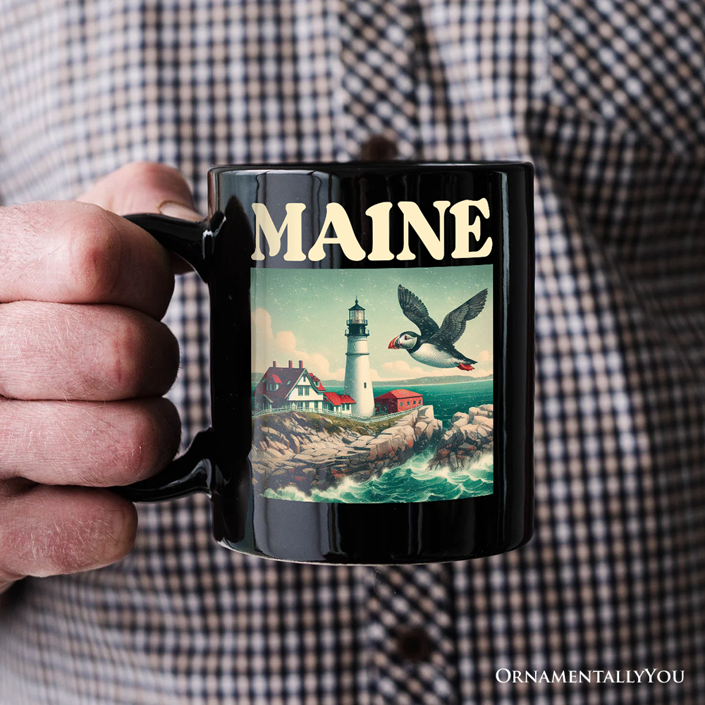Vintage Maine State Lighthouse and Puffin Personalized Mug, New England Coastal Gift and Seaside Souvenir with Custom Name