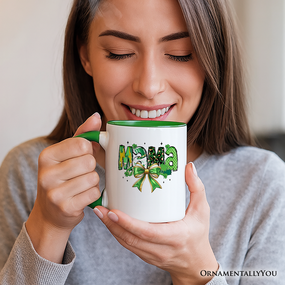 Coquette Mama Bow St Patrick’s Day Personalized Mug, Green Lucky Shamrock Clover Gift with Custom Name