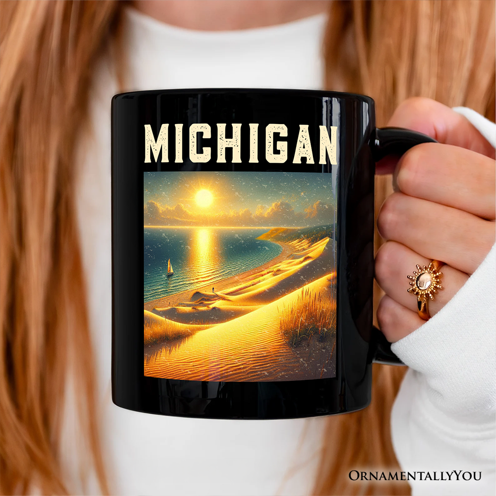 Scenic Michigan State Sleeping Bear Dunes Personalized Mug, Great Lakes Sunset Gift and Coastal Souvenir with Custom Name