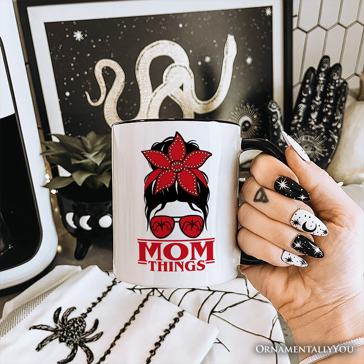 Mom Things Messy Bun Retro Personalized Mug, Red Bandana Glasses Family Matching Gift with Custom Name
