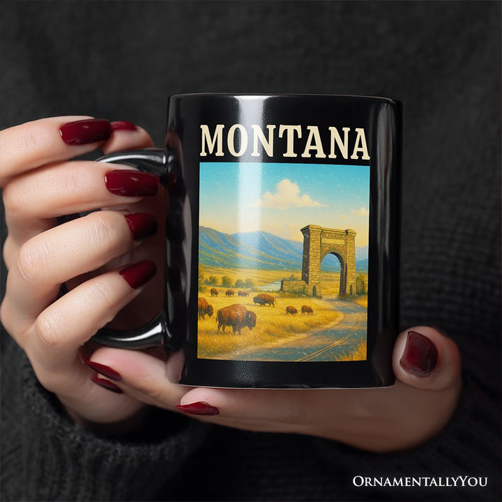 Rustic Montana State Wildlife and Landmark Personalized Mug, Yellowstone Entrance Tee and Western Prairie Souvenir with Custom Name Personalized Ceramic Mug OrnamentallyYou 