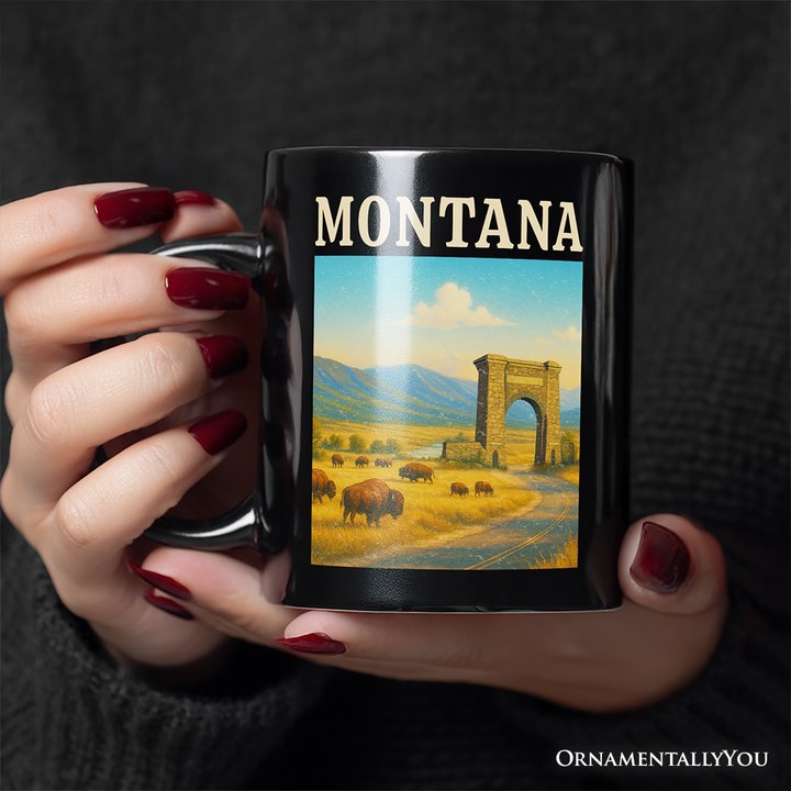 Rustic Montana State Wildlife and Landmark Personalized Mug, Yellowstone Entrance Tee and Western Prairie Souvenir with Custom Name