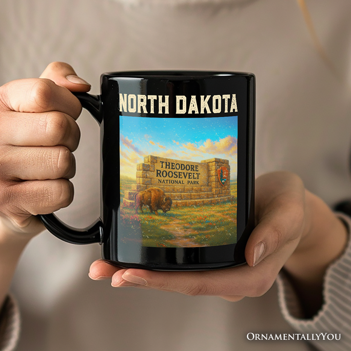 Scenic North Dakota State Theodore Roosevelt Park Personalized Mug, Bison Wildlife Gift and Great Plains Souvenir with Custom Name