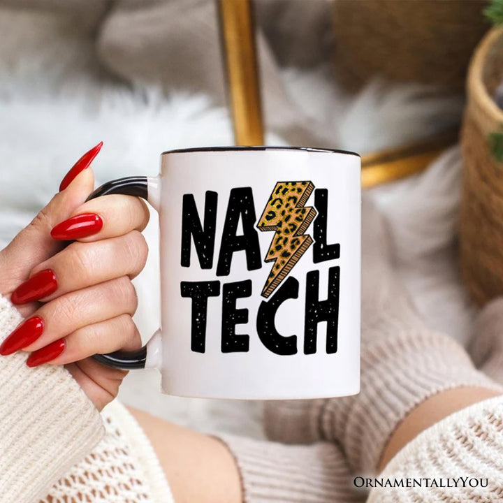 Nail Tech Leopard Lightning Personalized Mug, Retro Stylist Gift with Custom Name Personalized Ceramic Mug OrnamentallyYou 
