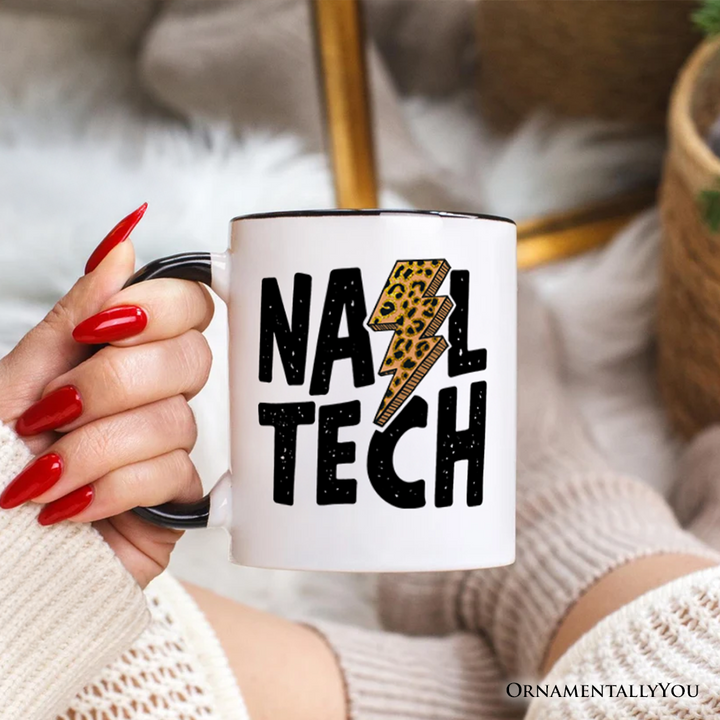 Nail Tech Leopard Lightning Personalized Mug, Retro Stylist Gift with Custom Name
