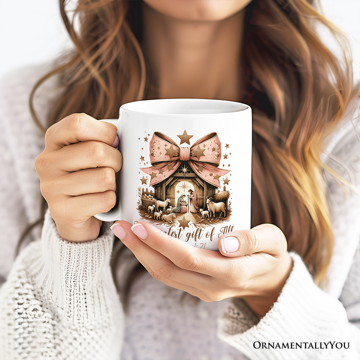 Holy Night Nativity Scene Jesus Personalized Mug, The Greatest Gift of All Matthew 1:21 Christian Christmas Gift with Custom Name