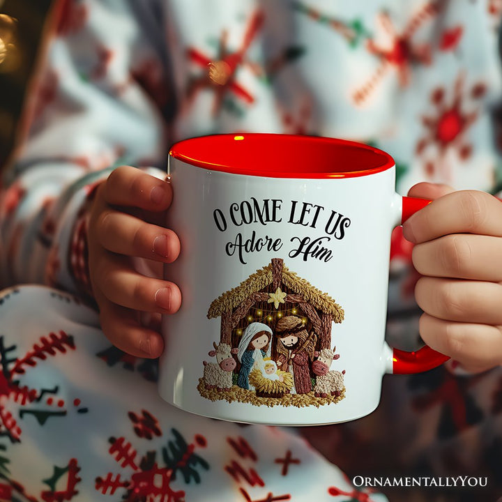 Nativity Holy Family Jesus Christmas Personalized Mug, Imitation Latch Hook Yarn Cozy Christian Gift with Custom Name Personalized Ceramic Mug OrnamentallyYou 