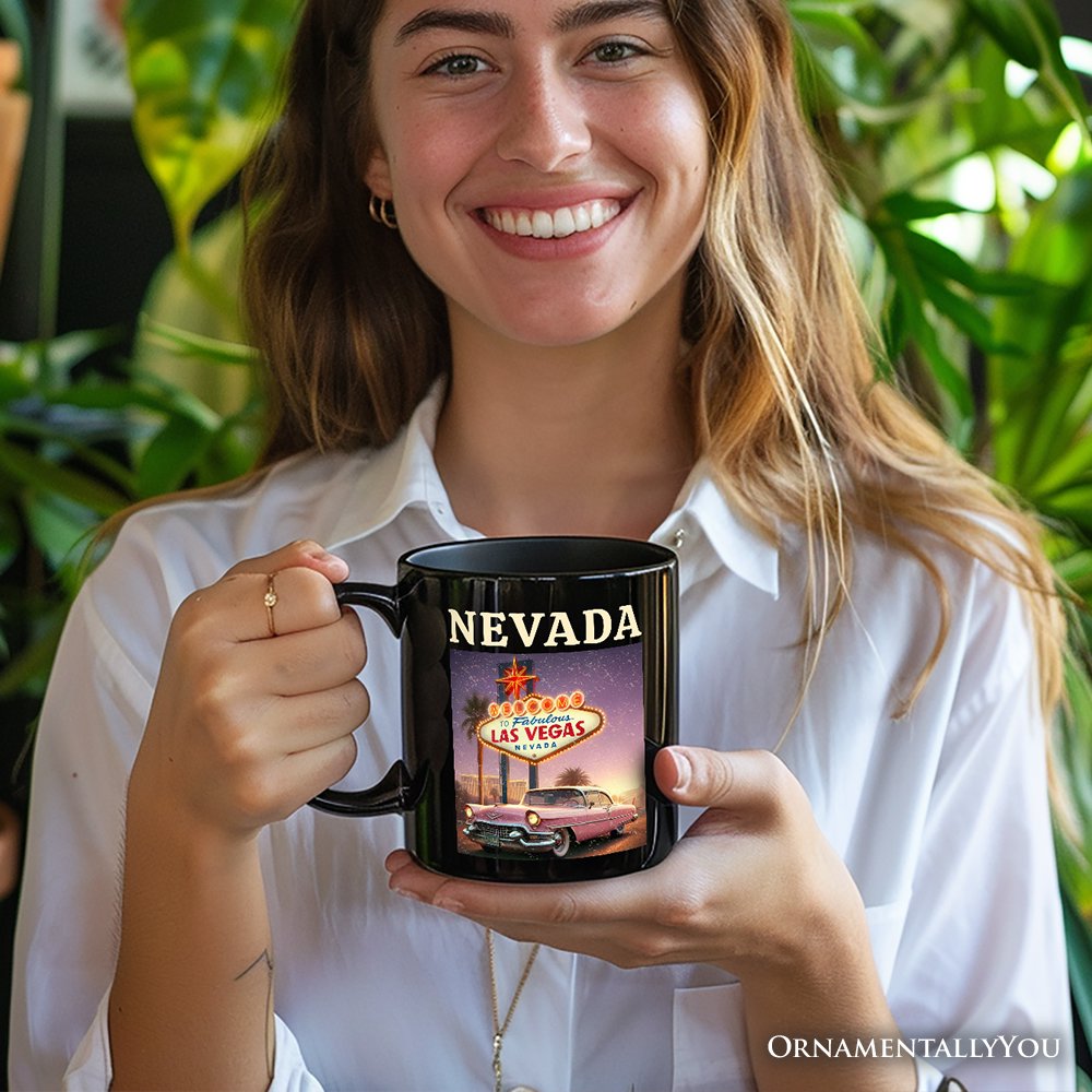 Vintage Nevada State Las Vegas Sign Personalized Mug, Retro Pink Cadillac Gift and Desert City Souvenir with Custom Name Personalized Ceramic Mug OrnamentallyYou 