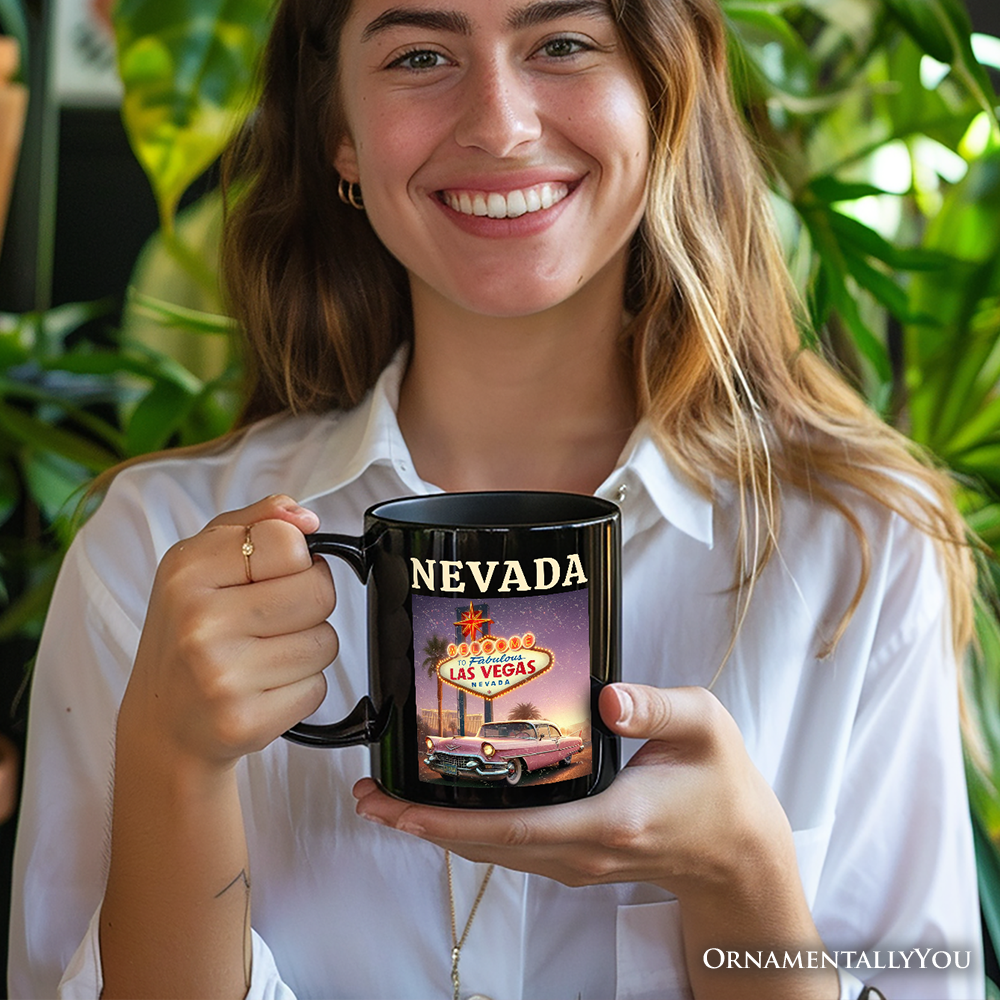 Vintage Nevada State Las Vegas Sign Personalized Mug, Retro Pink Cadillac Gift and Desert City Souvenir with Custom Name