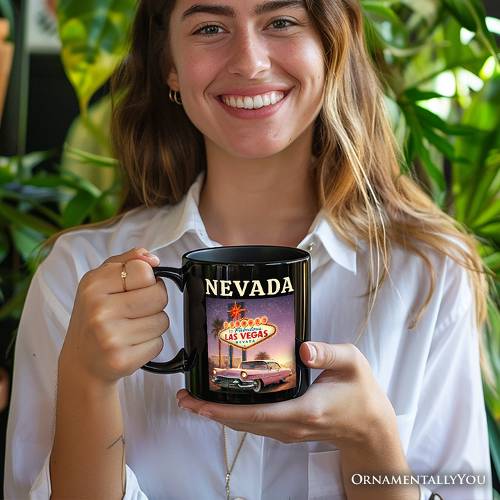 Vintage Nevada State Las Vegas Sign Personalized Mug, Retro Pink Cadillac Gift and Desert City Souvenir with Custom Name