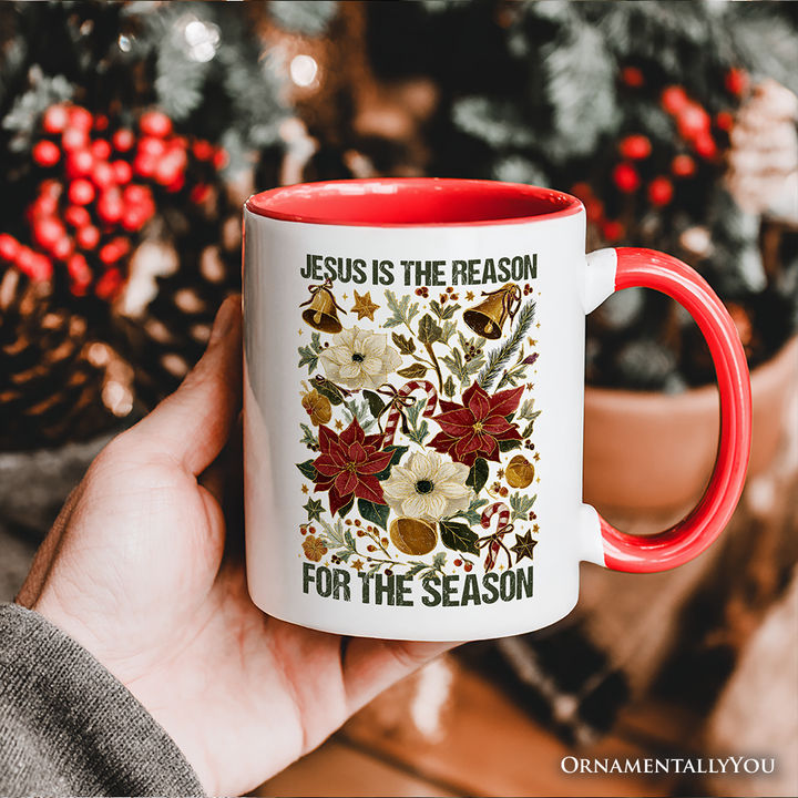 Jesus Is the Reason for the Season Floral Christmas Personalized Mug, Holiday Christian Gift with Custom Name