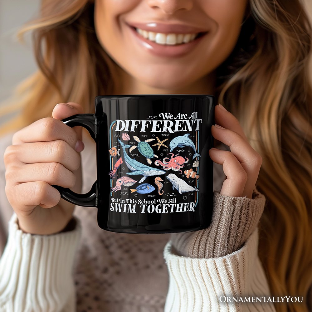 Ocean Animal Teacher Personalized Mug, We Are All Different But In This School We All Swim Classroom Gift with Custom Name Personalized Ceramic Mug OrnamentallyYou 