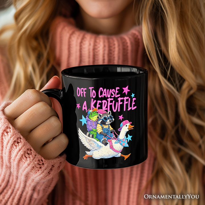 Off To Cause A Kerfuffle Mug, Frog Raccoon Goose Funny Animal Gift