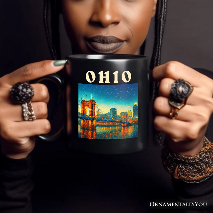 Charming Ohio State Cityscape and Landmark Personalized Mug, Cincinnati Night Bridge Gift and Midwest Skyline Souvenir with Custom Name