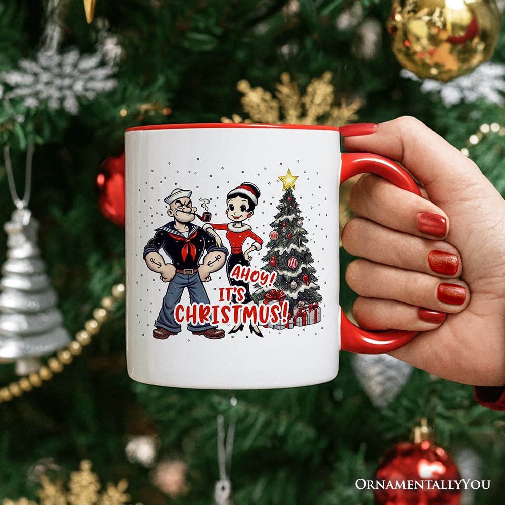 Ahoy! It's Christmus! Popeye and Olive Personalized Mug, Vintage Sailor Christmas Gift with Custom Name Personalized Ceramic Mug OrnamentallyYou 