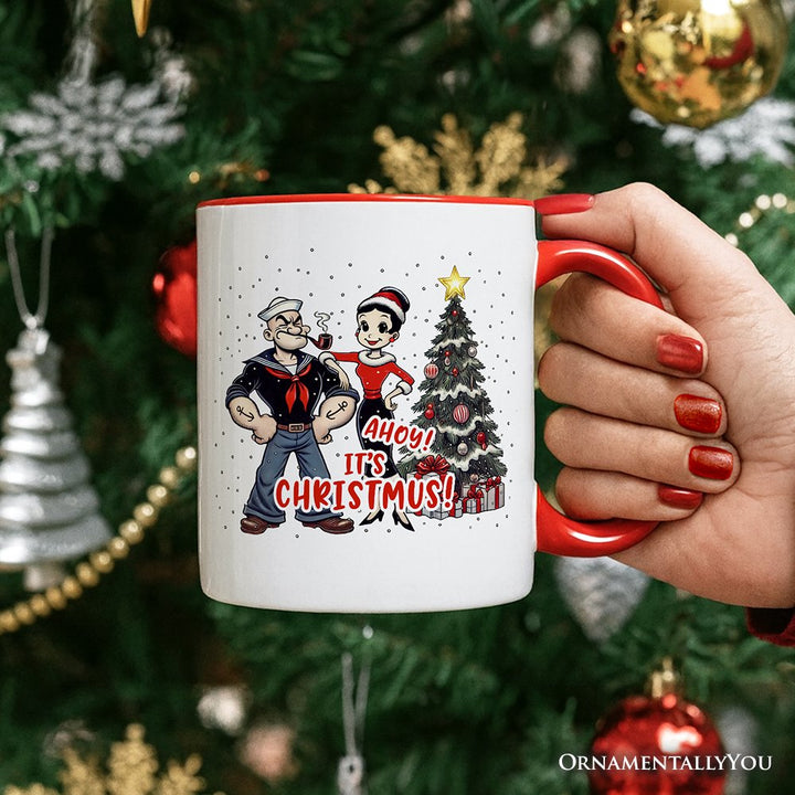 Ahoy! It's Christmus! Popeye and Olive Personalized Mug, Vintage Sailor Christmas Gift with Custom Name Personalized Ceramic Mug OrnamentallyYou 