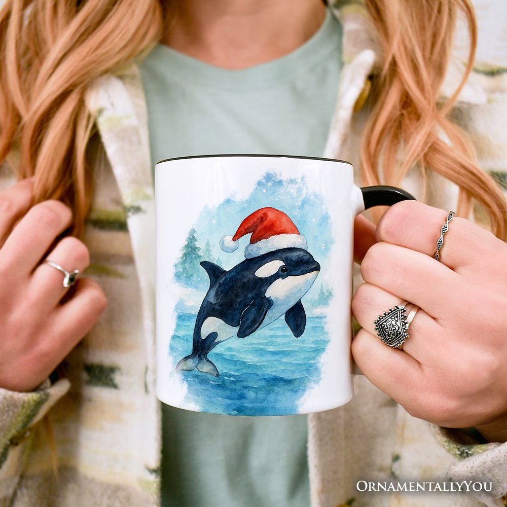 Watercolor Orca in Santa Hat Christmas Personalized Mug, Marine Animal Holiday Gift with Custom Name Personalized Ceramic Mug OrnamentallyYou 